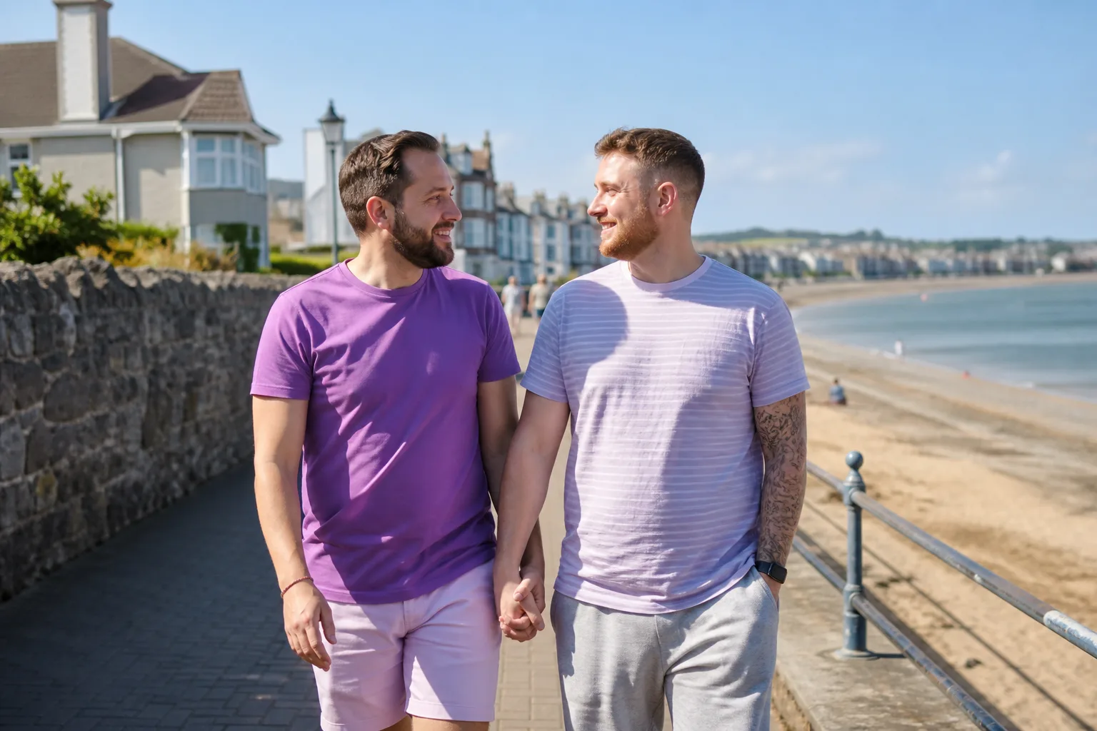 Two men chatting beside Weymouth Harbour