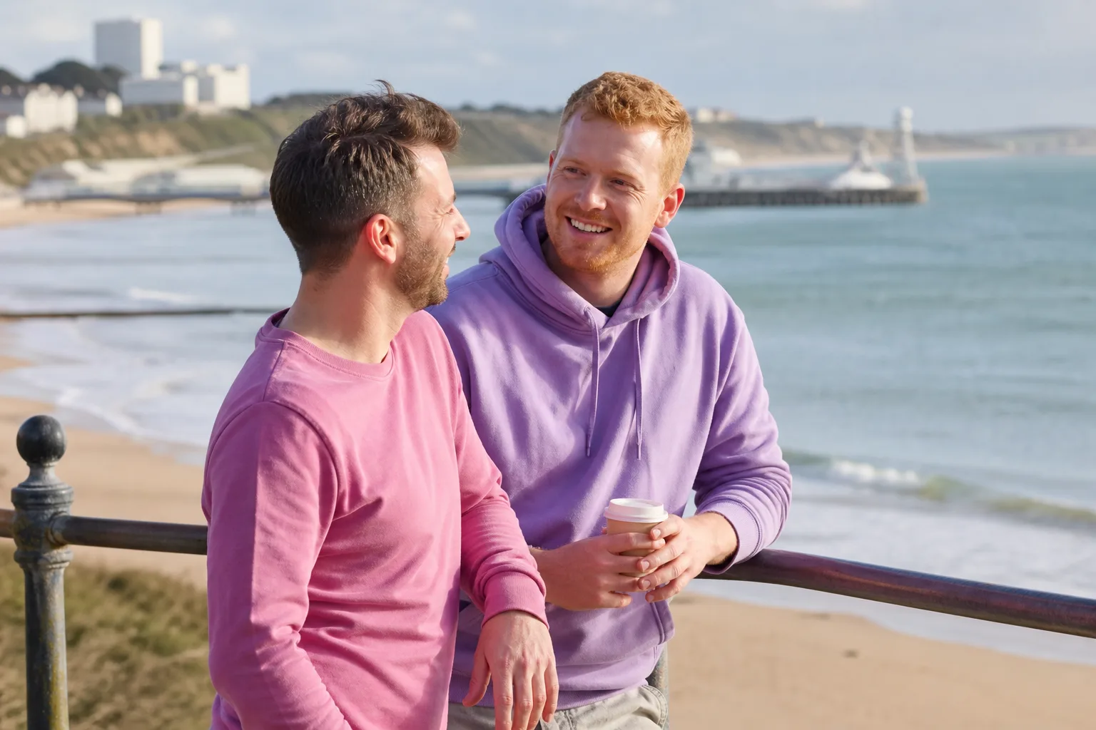 Two men talking over coffee near Bournemouth town centre