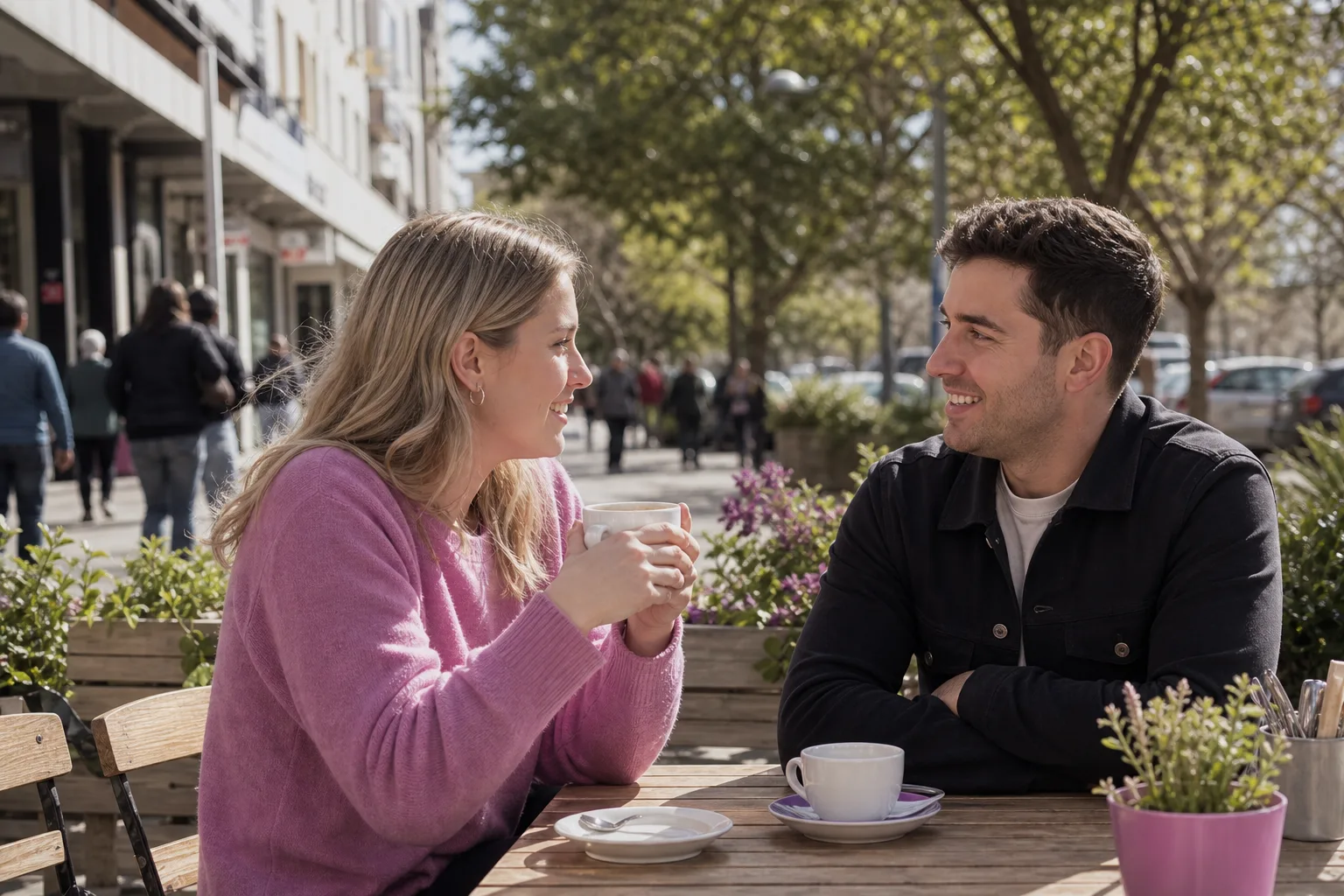 Christian singles talking over coffee near Bournemouth seafront