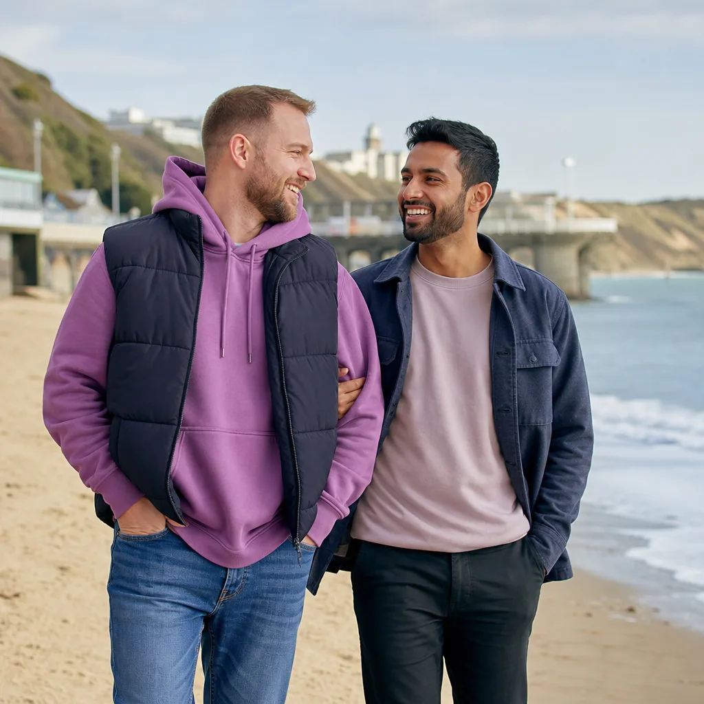 Men chatting at an outdoor café in central Bournemouth