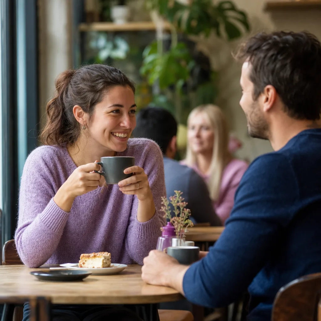 Two people meeting outside a Bournemouth café for a daytime date