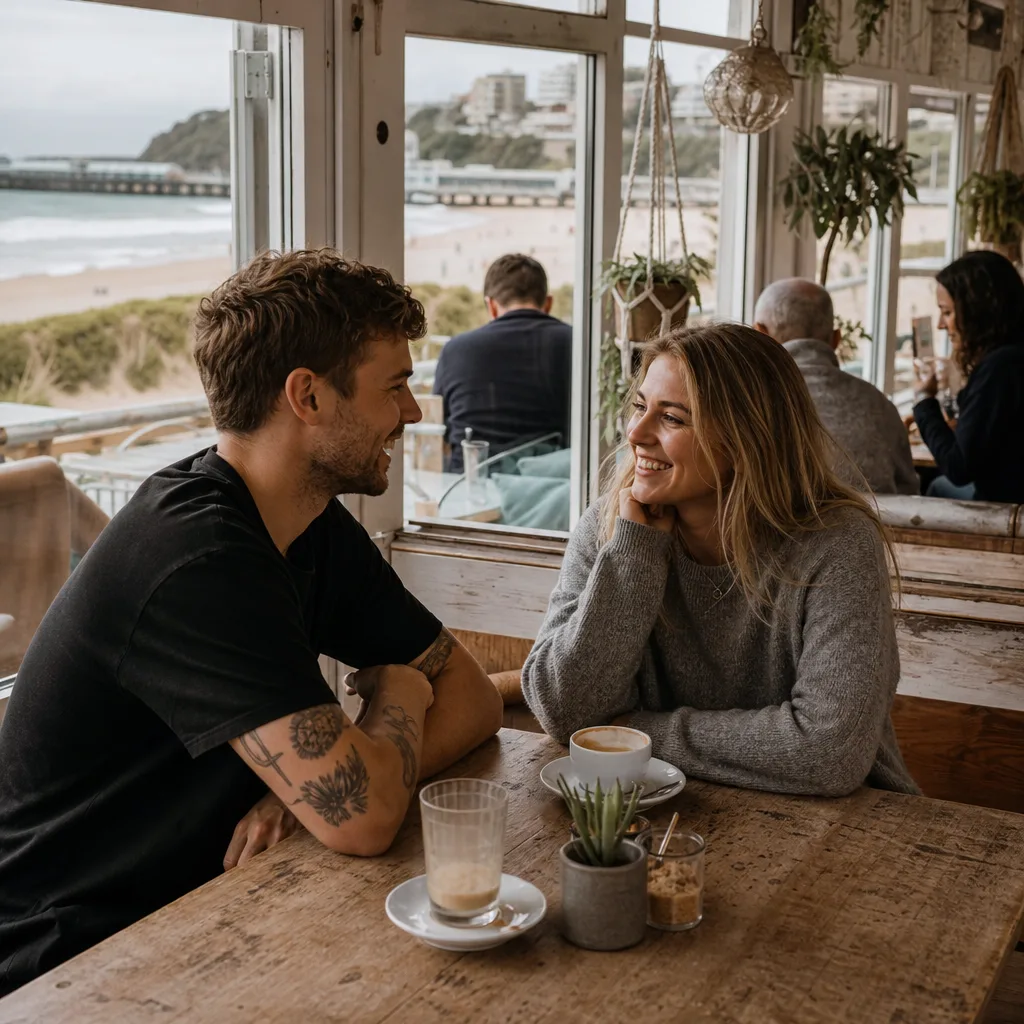 Two adults walking along Bournemouth seafront on a bright day