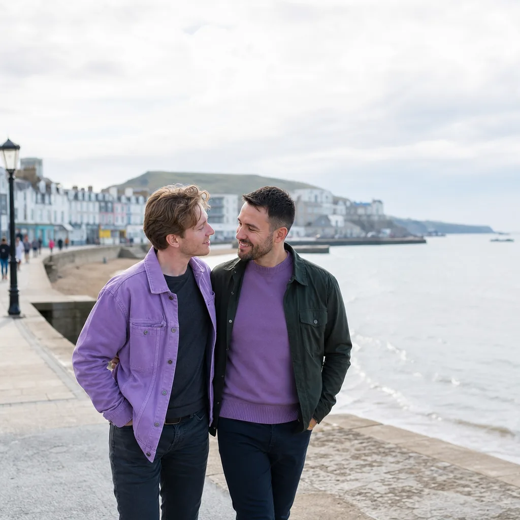Two men having coffee at an outdoor table in Weymouth