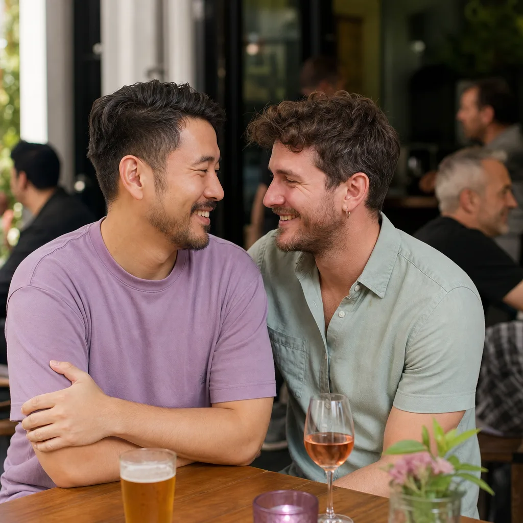 Two men talking at a public café near Bournemouth town centre